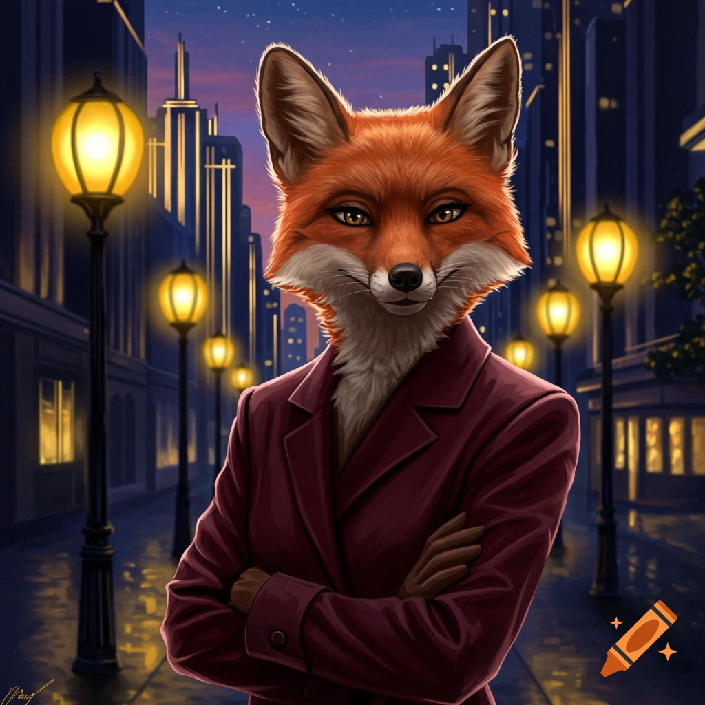 An anthropomorphic fox in a red suit stands on a city street at night, with glowing street lamps and tall buildings in the background.