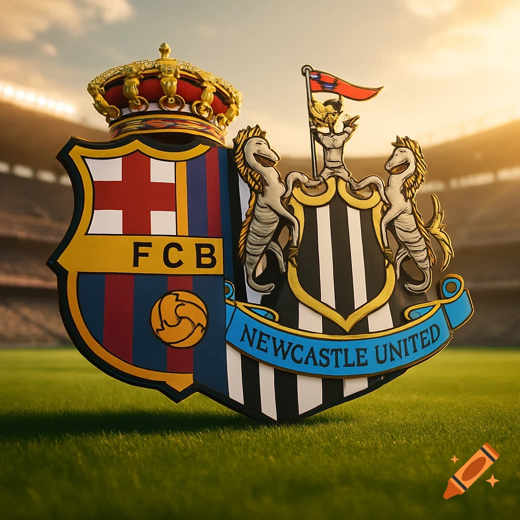 Two football club crests, FC Barcelona and Newcastle United, side-by-side on a grass field in a stadium.