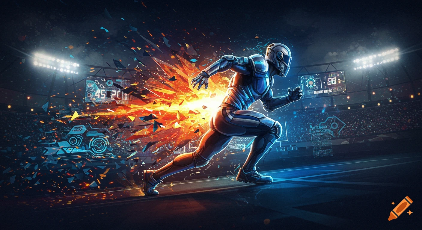 A futuristic athlete in a blue armored suit runs with fiery and digital energy trailing behind him in a high-tech stadium.
