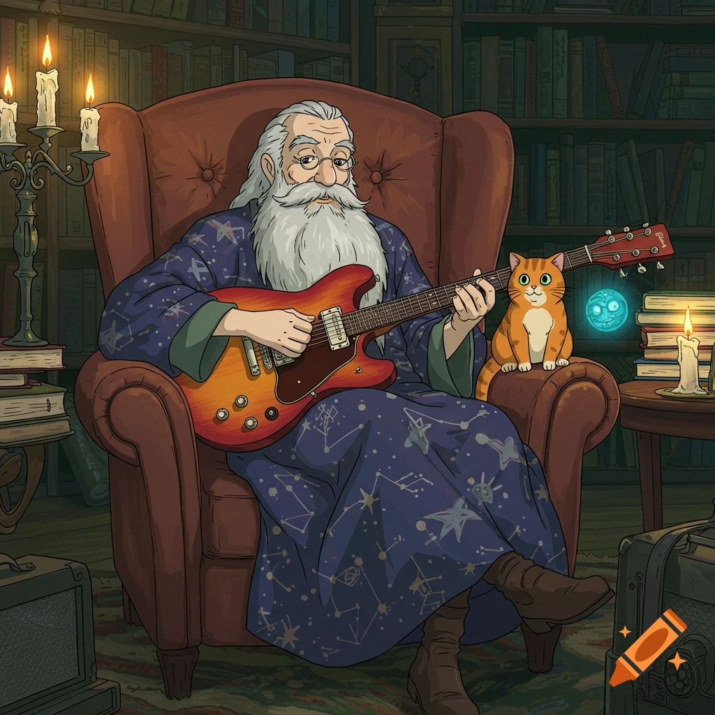 An old wizard with a long white beard sits in a recliner, playing an electric guitar, with an orange tabby cat on the armrest looking at a glowing orb, in a Studio Ghibli style.
