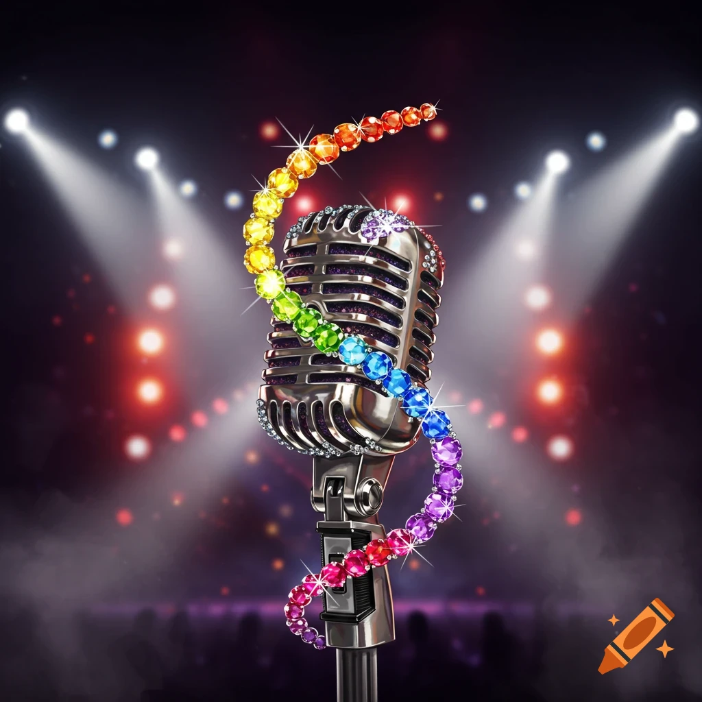 A shiny, vintage-style microphone adorned with sparkling rainbow-colored jewels on a stage with spotlights.
