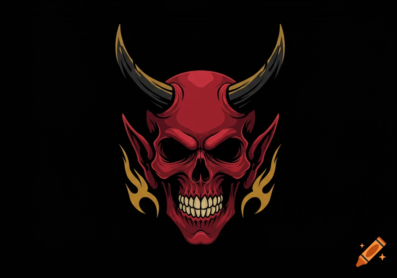 A red devil skull illustration with black and gold horns and yellow flame-like elements on a black background.
