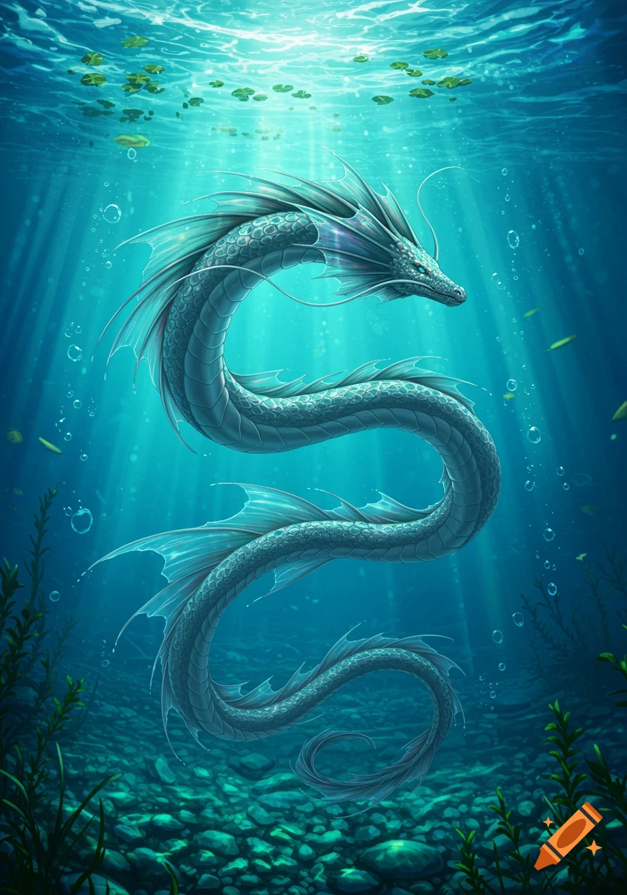 A long, serpentine water dragon with fins and scales swims gracefully in a brightly lit blue underwater scene with lily pads and plants.