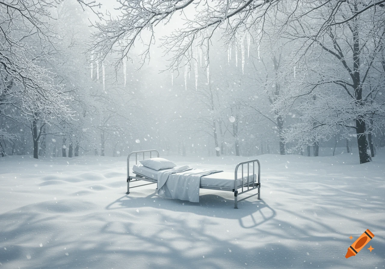 A photorealistic image of a white hospital bed sitting in a snow-covered forest during a snowfall, with icicles hanging from bare tree branches.