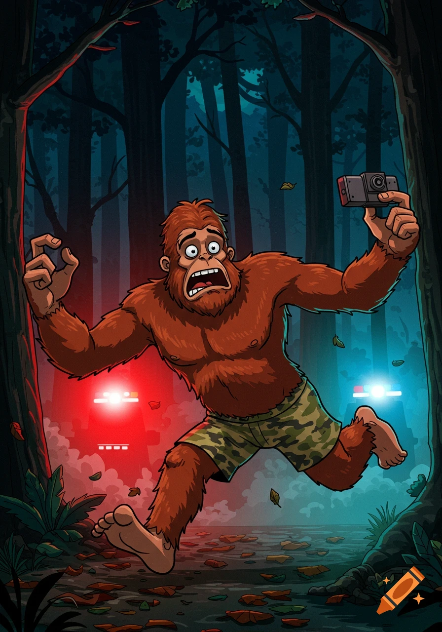 Cartoon Bigfoot runs scared through a dark forest at night, holding a camera, as red and blue police lights flash behind him.