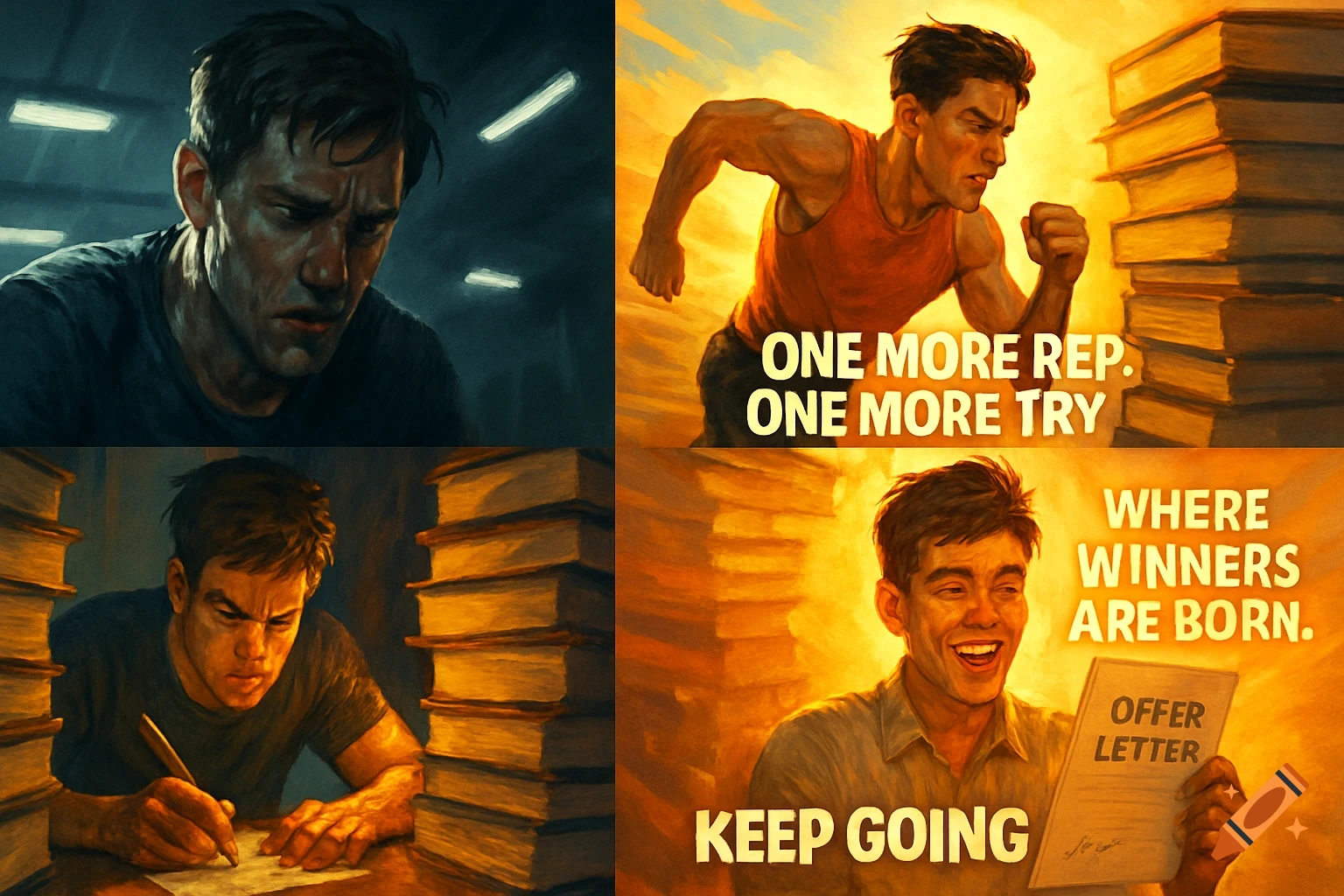A four-panel illustration depicts a man's journey: exhausted, then struggling to write, next running with text "ONE MORE REP. ONE MORE TRY", and finally smiling holding an "OFFER LETTER" with text "WHERE WINNERS ARE BORN. KEEP GOING."
