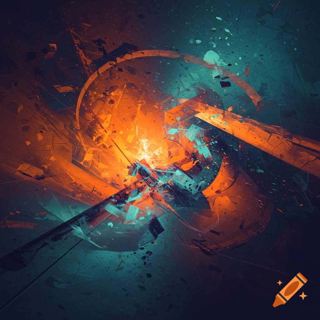 Dynamic abstract art with vibrant orange and teal fractured shapes and light against a dark background.