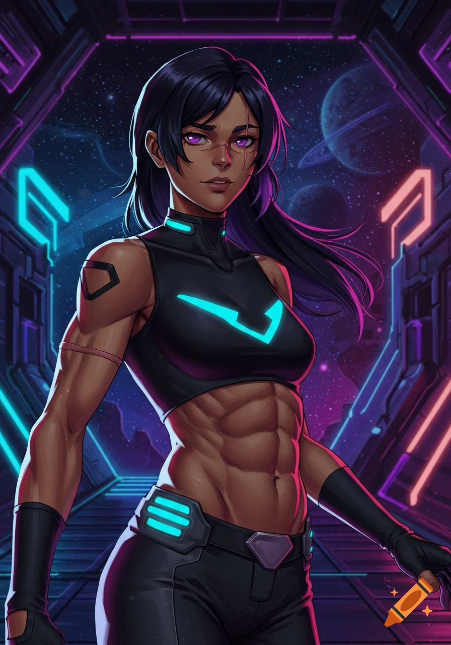 An anime-style image of a strong, fit woman with dark hair and violet eyes, wearing a black crop top and pants, standing in a neon-lit futuristic corridor with planets visible in the background.