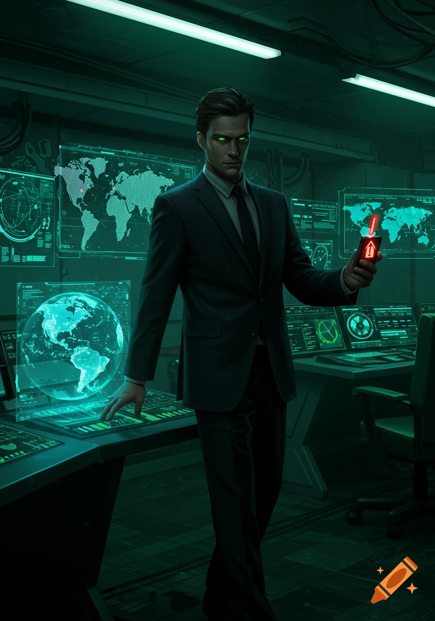 A man with glowing green eyes in a suit stands in a dark, teal-lit control room, holding a red device. Holographic screens display maps and data.