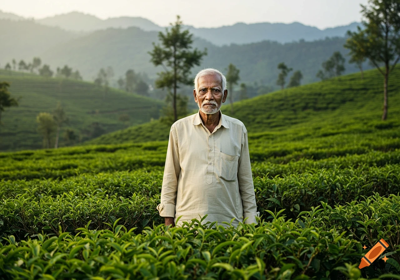 A serious-looking elderly Indian man with a white beard stands in a vibrant green tea plantation with mountains in the background.