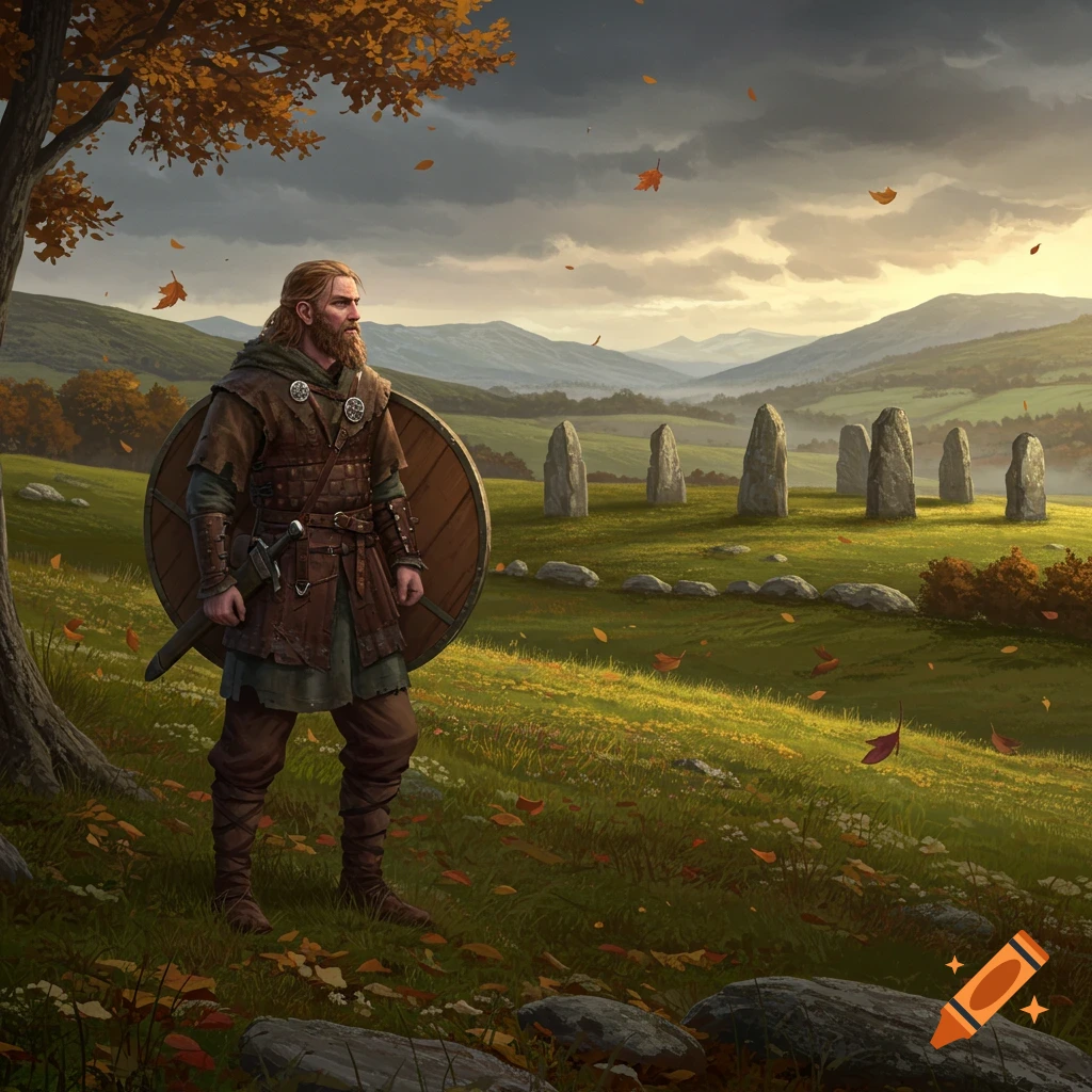A bearded Anglo-Saxon warrior with a shield stands in an autumn landscape with falling leaves and ancient standing stones.