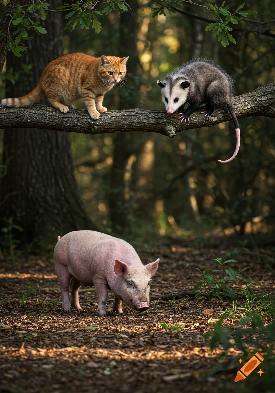 An orange cat and an opossum on a tree branch look down at a small pink pig on the forest floor.