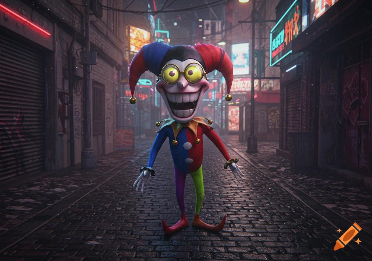 A smiling cartoon jester in a colorful costume and large glasses stands on a wet cobblestone street in a neon-lit city alley at night.