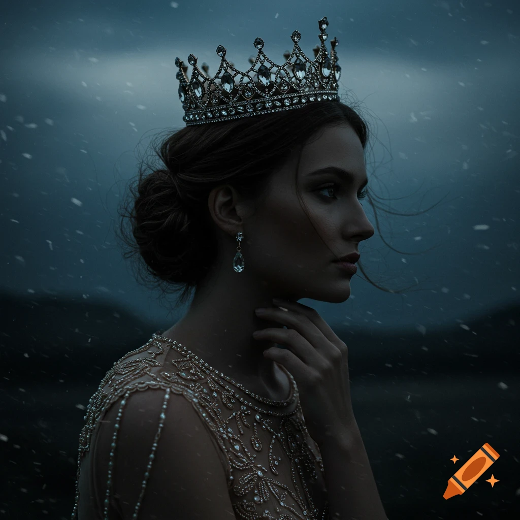 Photorealistic portrait of a young queen in a crown and beaded dress, looking away in a dark, snowy landscape.
