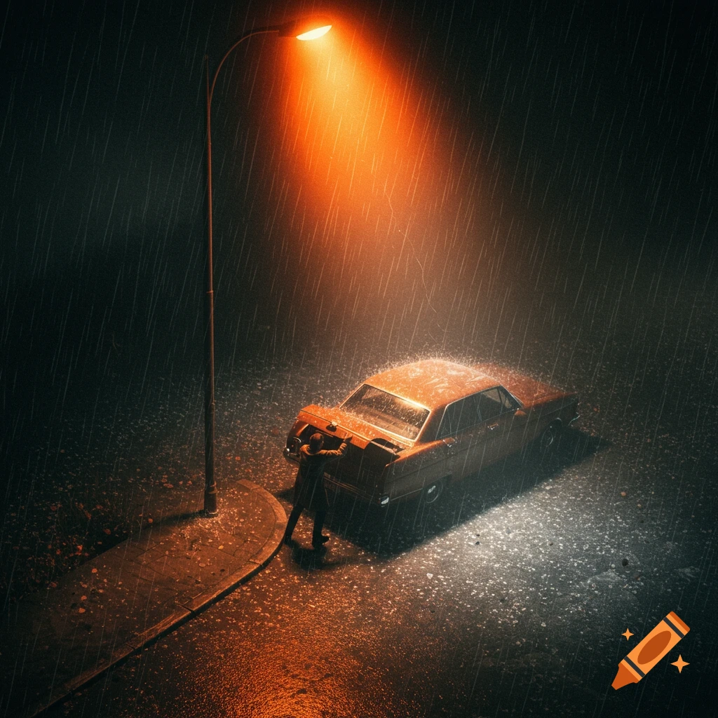 Overhead view of a man opening the trunk of an old car under a glowing street lamp during a heavy rainstorm at night.