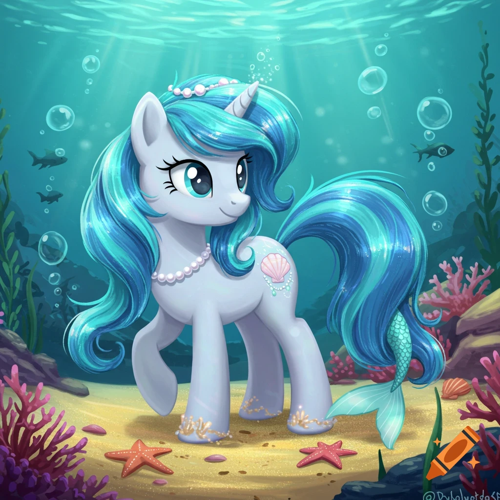 A grey My Little Pony-style unicorn with blue hair and a mermaid tail, adorned with pearls, stands on the ocean floor with coral.
