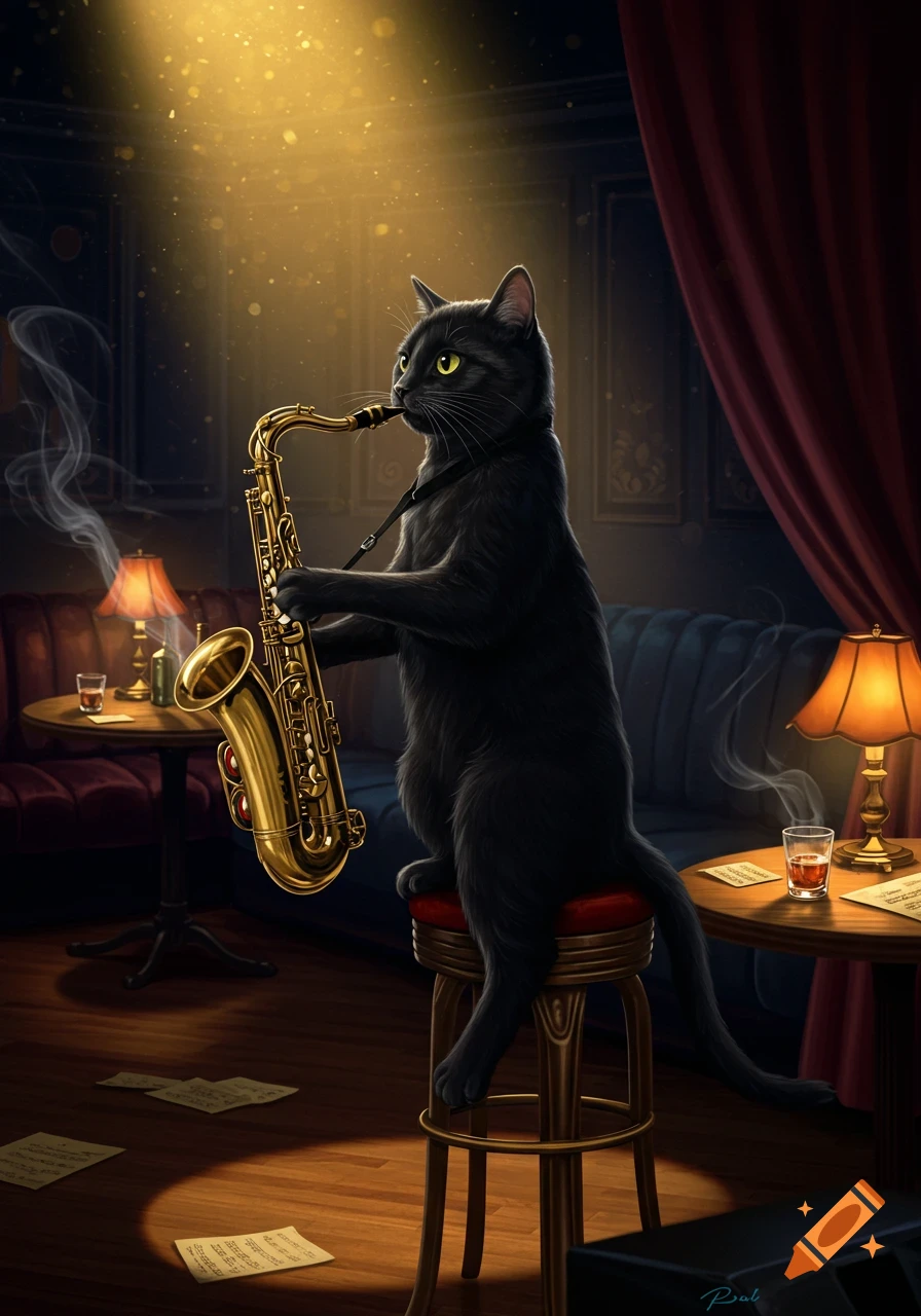 A black cat with green eyes sits on a stool, playing a golden saxophone in a dimly lit jazz club with tables, drinks, and sheet music.