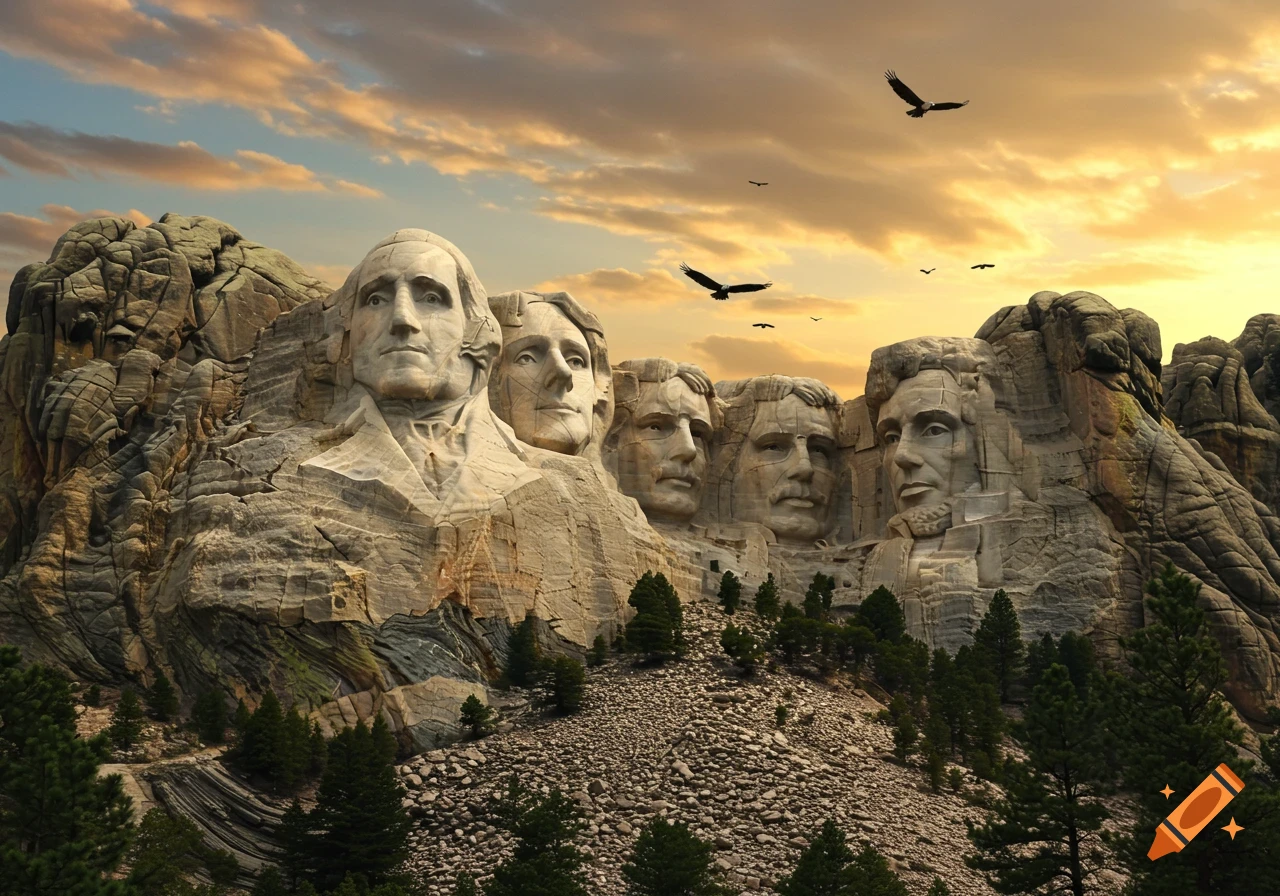 Five carved faces, resembling Roman emperors, on a mountain, like Mount Rushmore, under a dramatic sunset sky with birds flying.