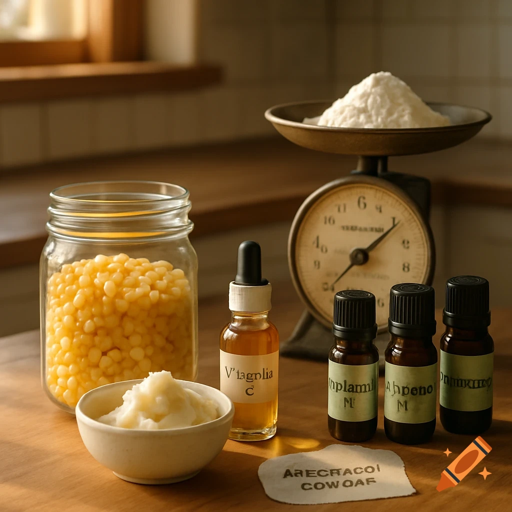 A still life photo of ingredients for homemade cosmetics on a wooden counter, with a jar of yellow pellets, a bowl of white cream, small bottles, and a scale.