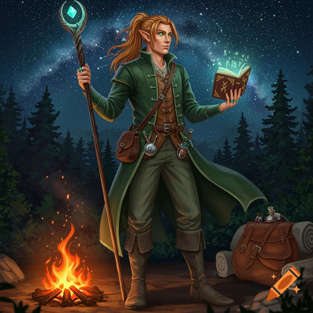 An elf with copper-blond hair and green eyes stands by a campfire in a forest glade under a starry sky. He holds a glowing staff and an open spellbook.