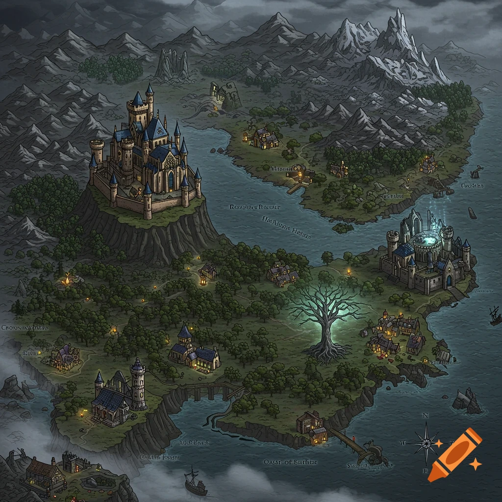 An overhead view of a dark, mysterious fantasy island map featuring a large castle on a cliff, an abbey, and various villages amidst forests and mountains, under a stormy sky.
