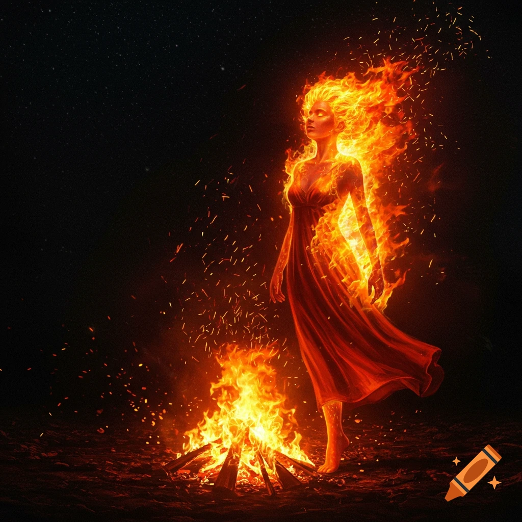 A fiery woman with glowing eyes stands barefoot next to a bonfire on dark ground, surrounded by embers.