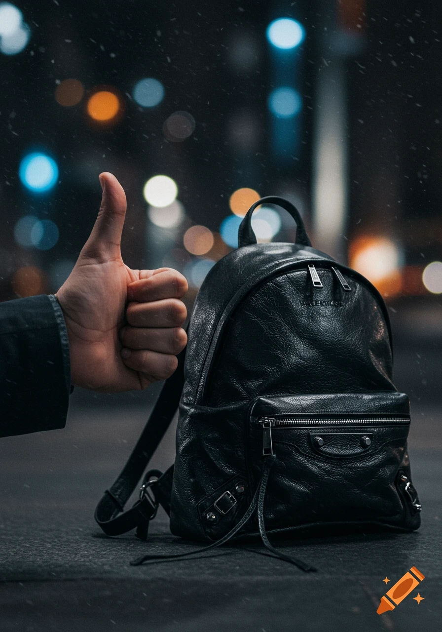 A person's hand gives a thumbs up next to a black leather backpack on a wet city street at night.