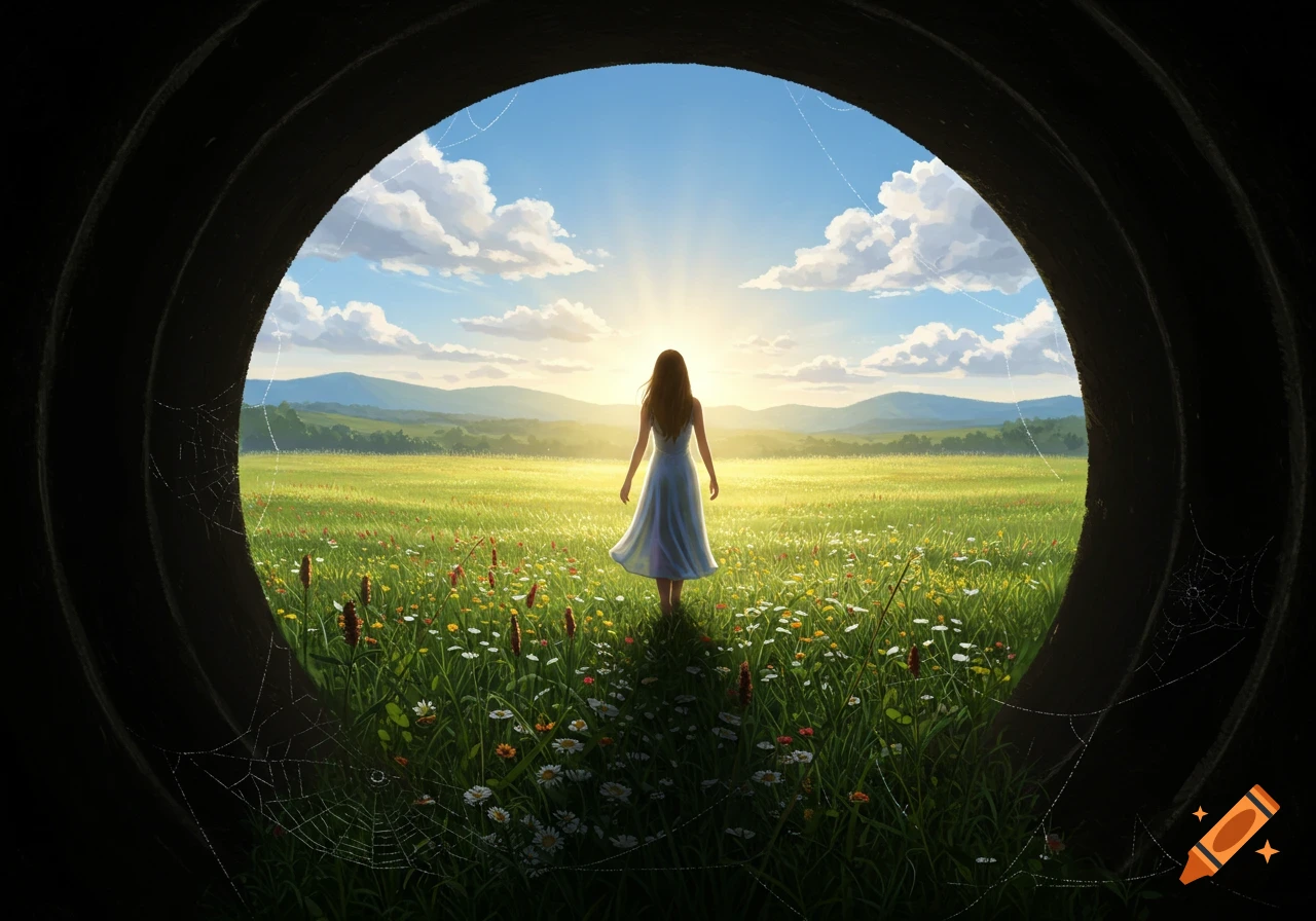 A woman in a white dress walks out of a dark tunnel into a vibrant, sunlit meadow filled with wildflowers under a blue sky.