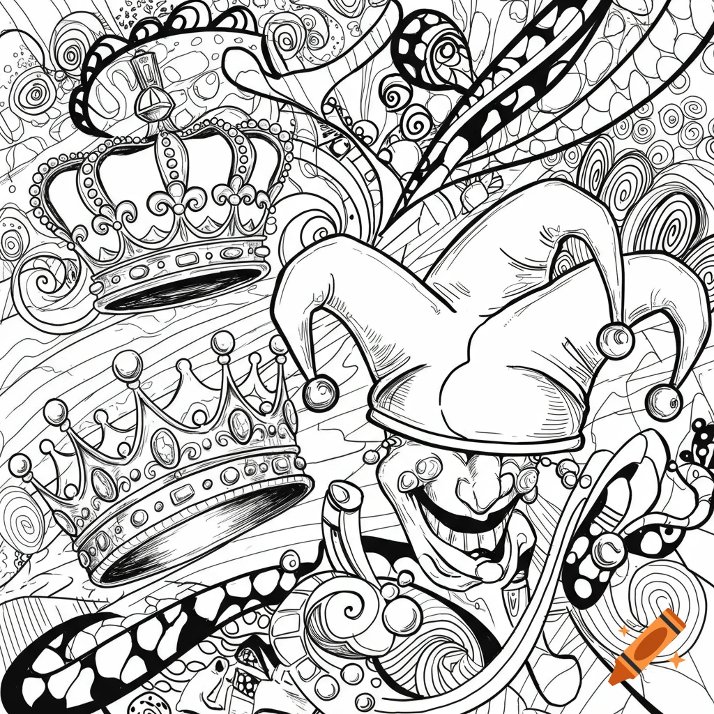 Black and white outline drawing of two ornate crowns and a jester hat against a funky, abstract background.