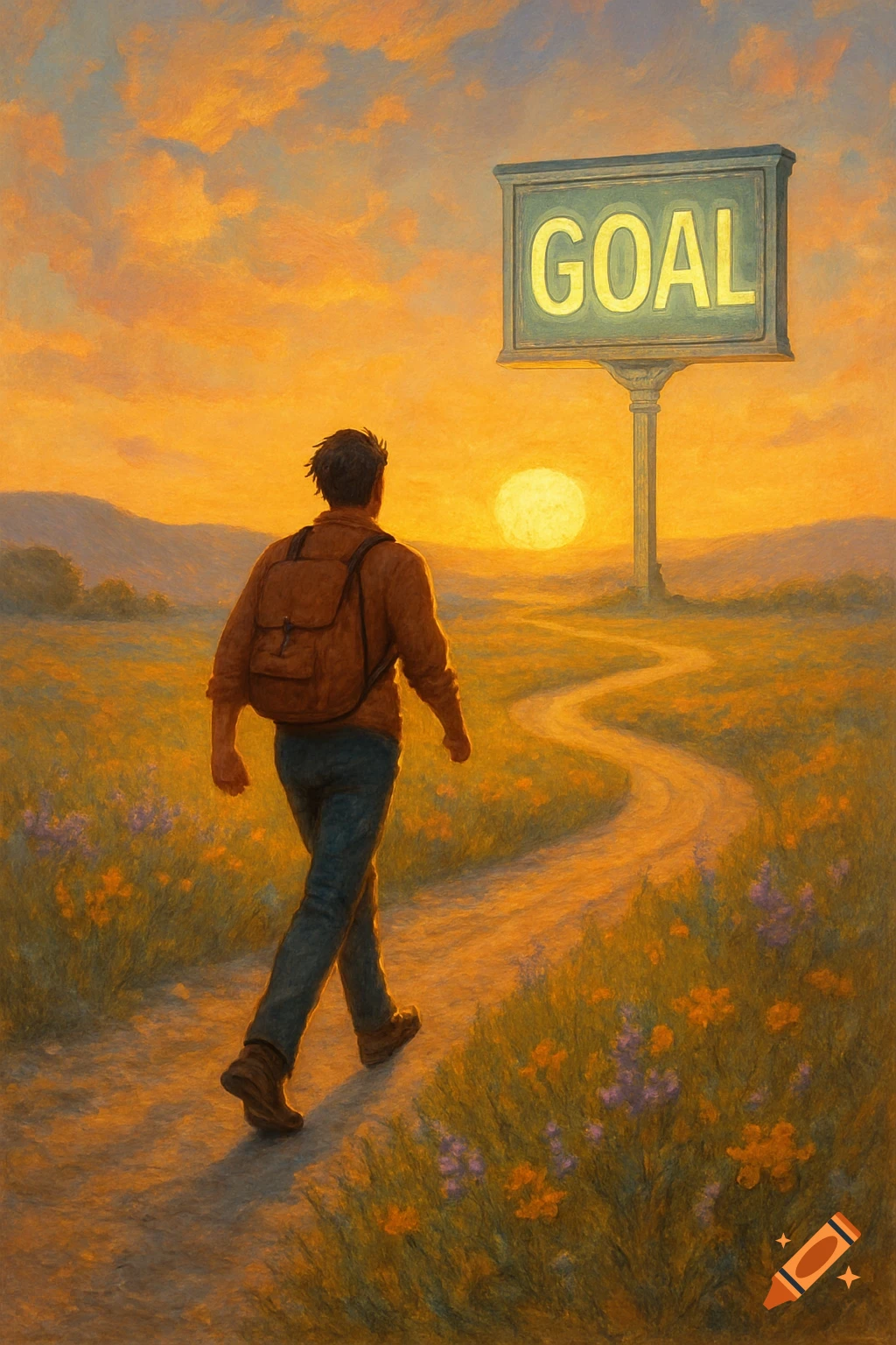 A person with a backpack walks on a winding path toward a sign reading 'GOAL' under a vibrant sunset sky, in a painterly style.