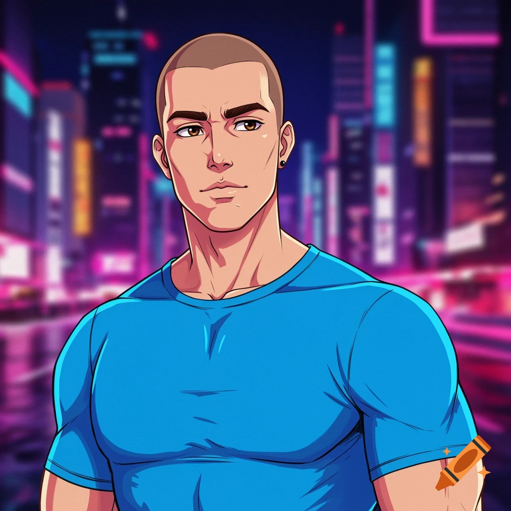 Anime man with a shaved head and brown eyes, wearing a blue t-shirt, against a blurred neon city background.
