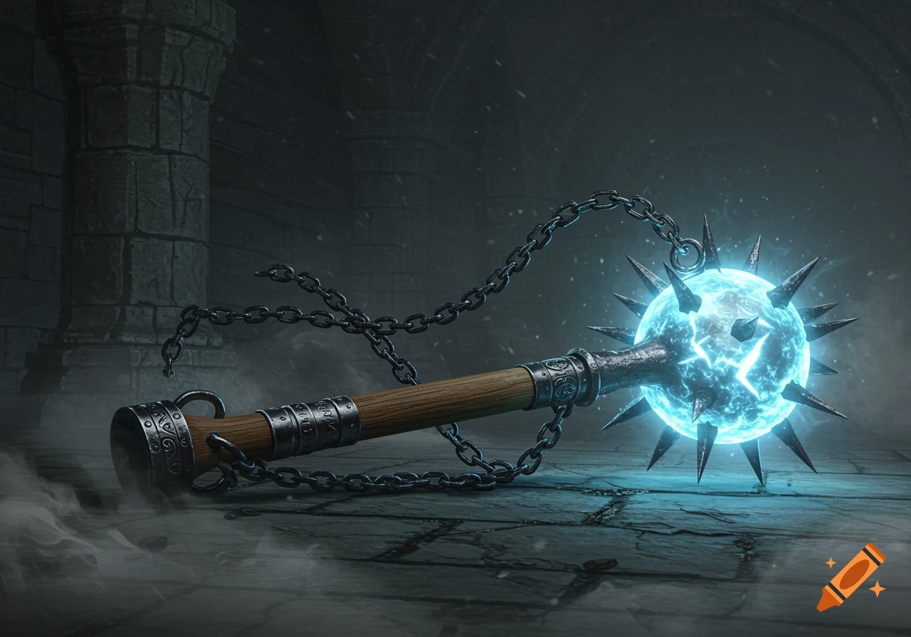 A medieval flail with a glowing light blue spiked ball and chain lies on a stone floor in a dark, misty dungeon.