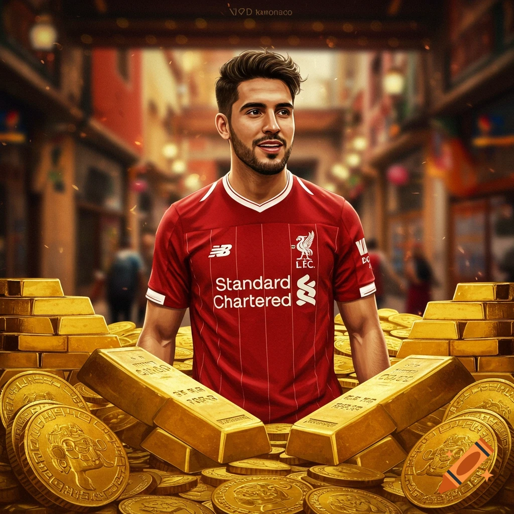 A handsome man in a red Liverpool FC jersey stands surrounded by a large pile of gold coins and bars, with a blurred city street in the background.