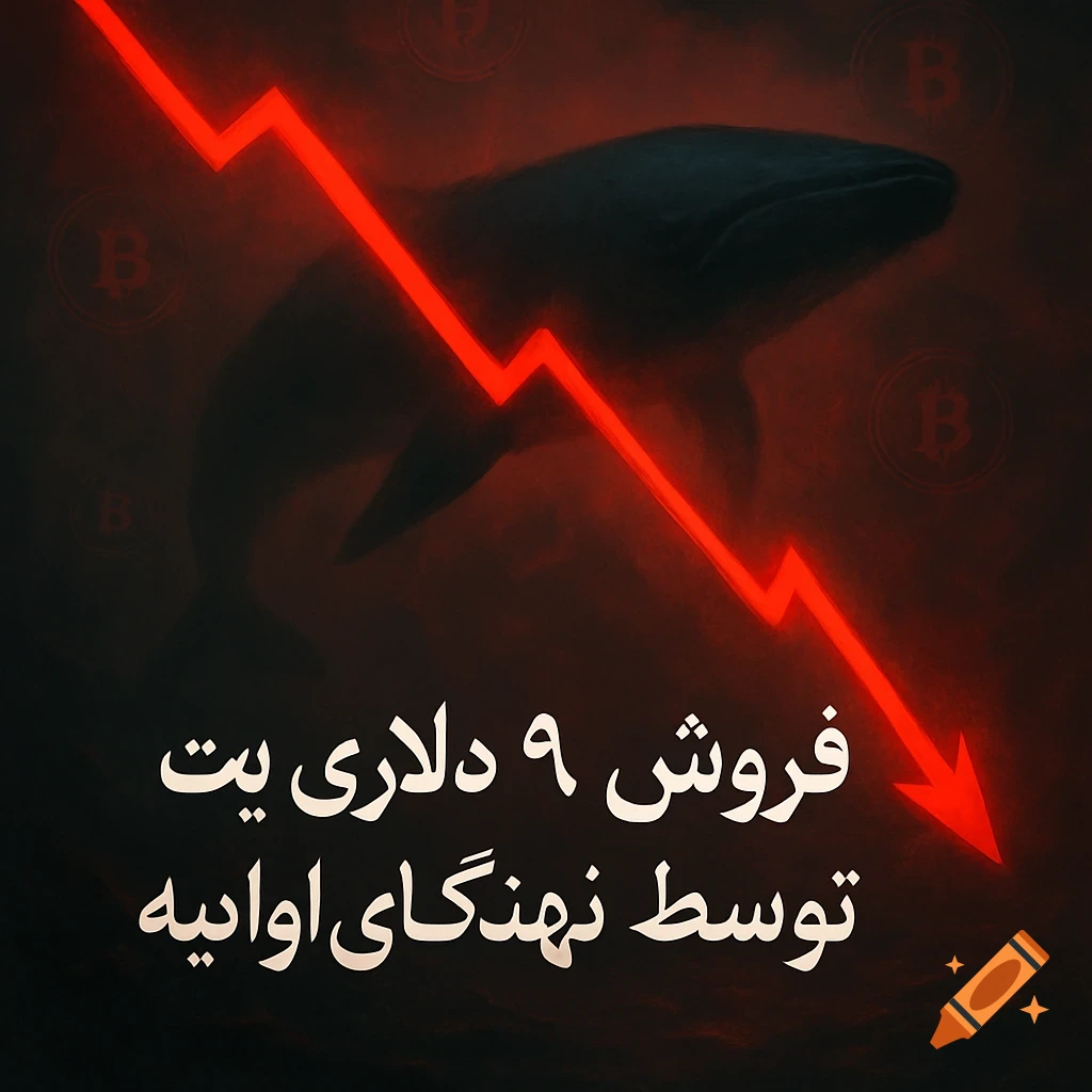 A dark, dramatic image showing a silhouette of a whale with a glowing red downward arrow and subtle Bitcoin logos in the background, with Persian text at the bottom.