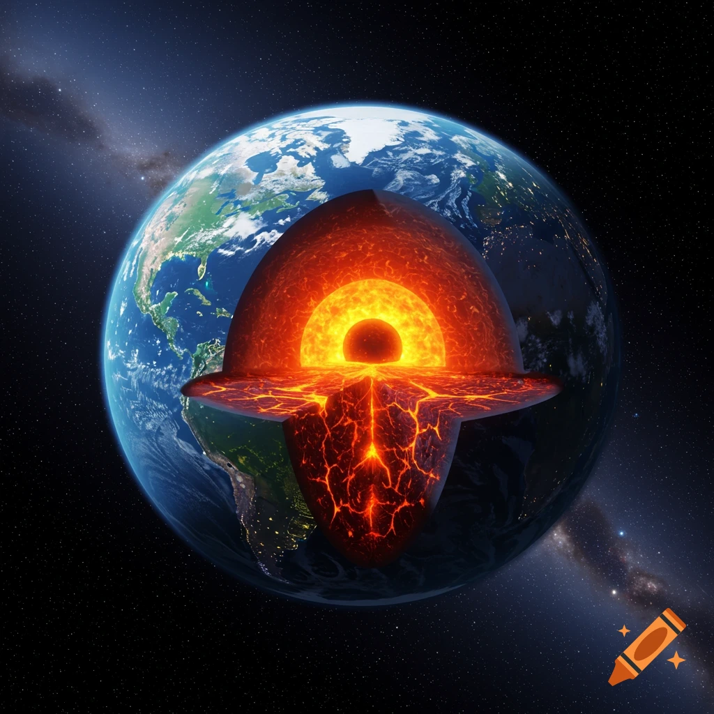 A detailed cutaway view of Earth showing its fiery core and internal layers, set in space with stars.