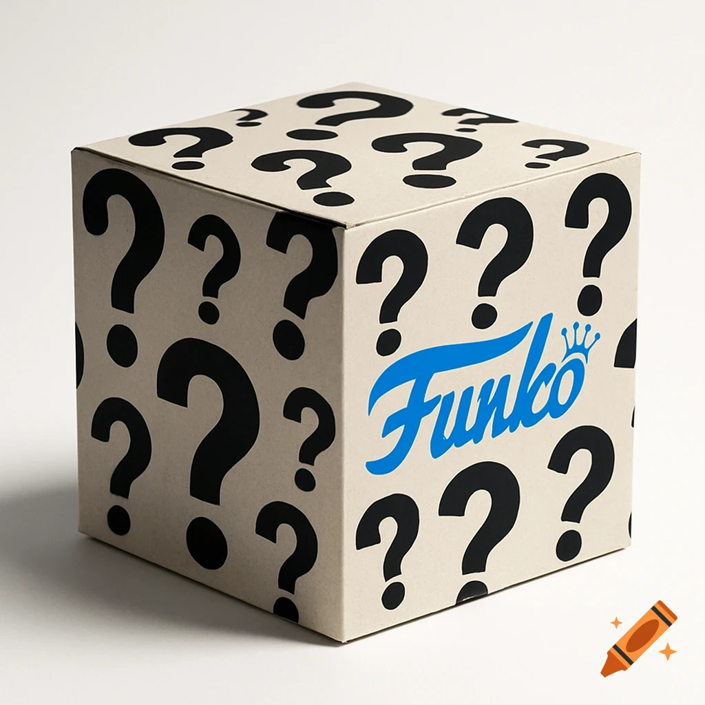 A light brown box covered in black question marks with a blue Funko logo and crown, on a white background.
