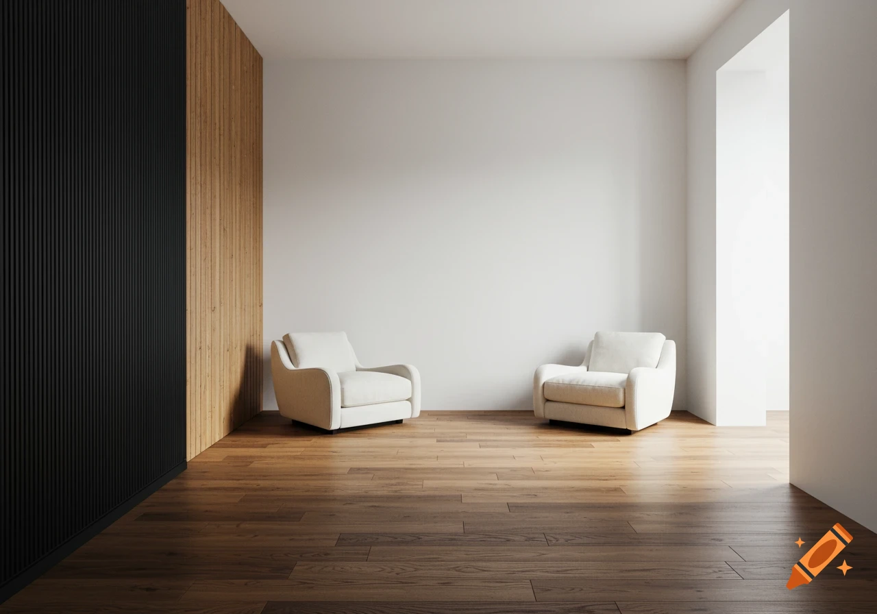 A modern room with wood floors, a black fluted wall, and two white accent chairs, bathed in natural light.