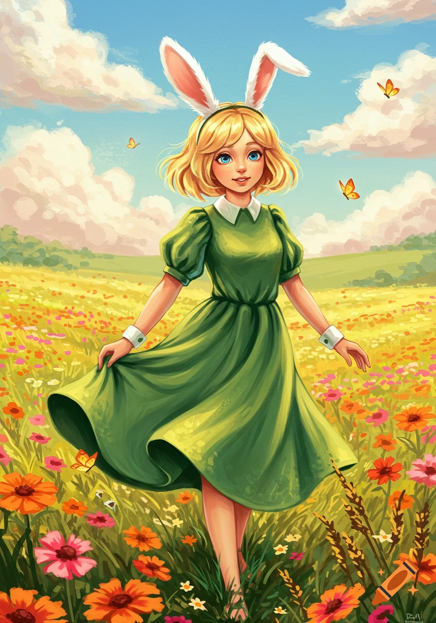 A blonde girl with bunny ears in a green dress stands in a colorful wildflower field with butterflies under a cloudy sky. Illustrated.