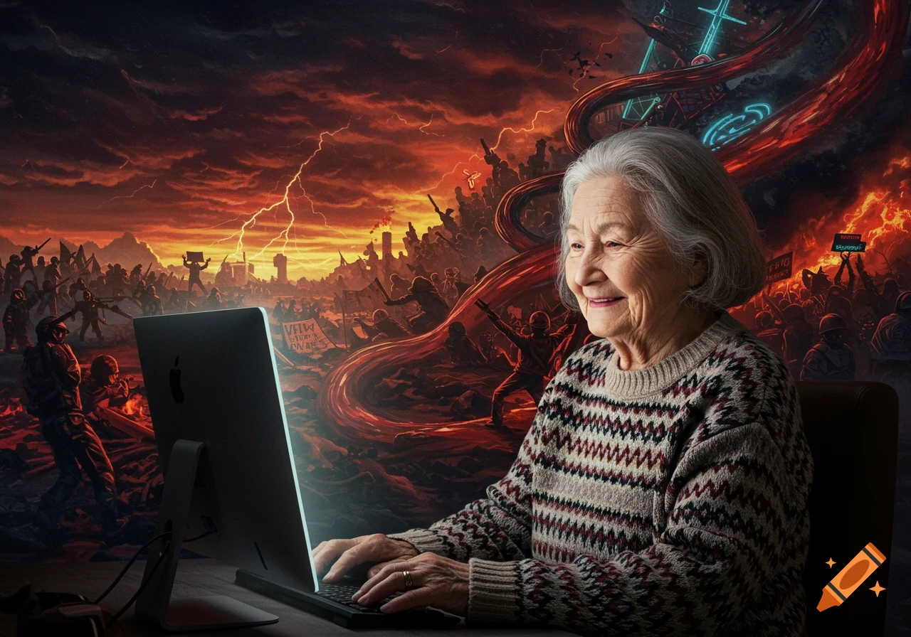 A smiling elderly woman uses a computer while behind her a chaotic, war-torn landscape unfolds with protests and lightning.