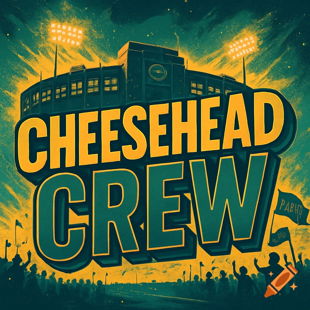 An illustration of a stadium at night, with bright lights illuminating the stands. In front of the stadium, large, bold yellow and green text reads "CHEESEHEAD CREW." A silhouetted crowd of people stands below, raising their hands.