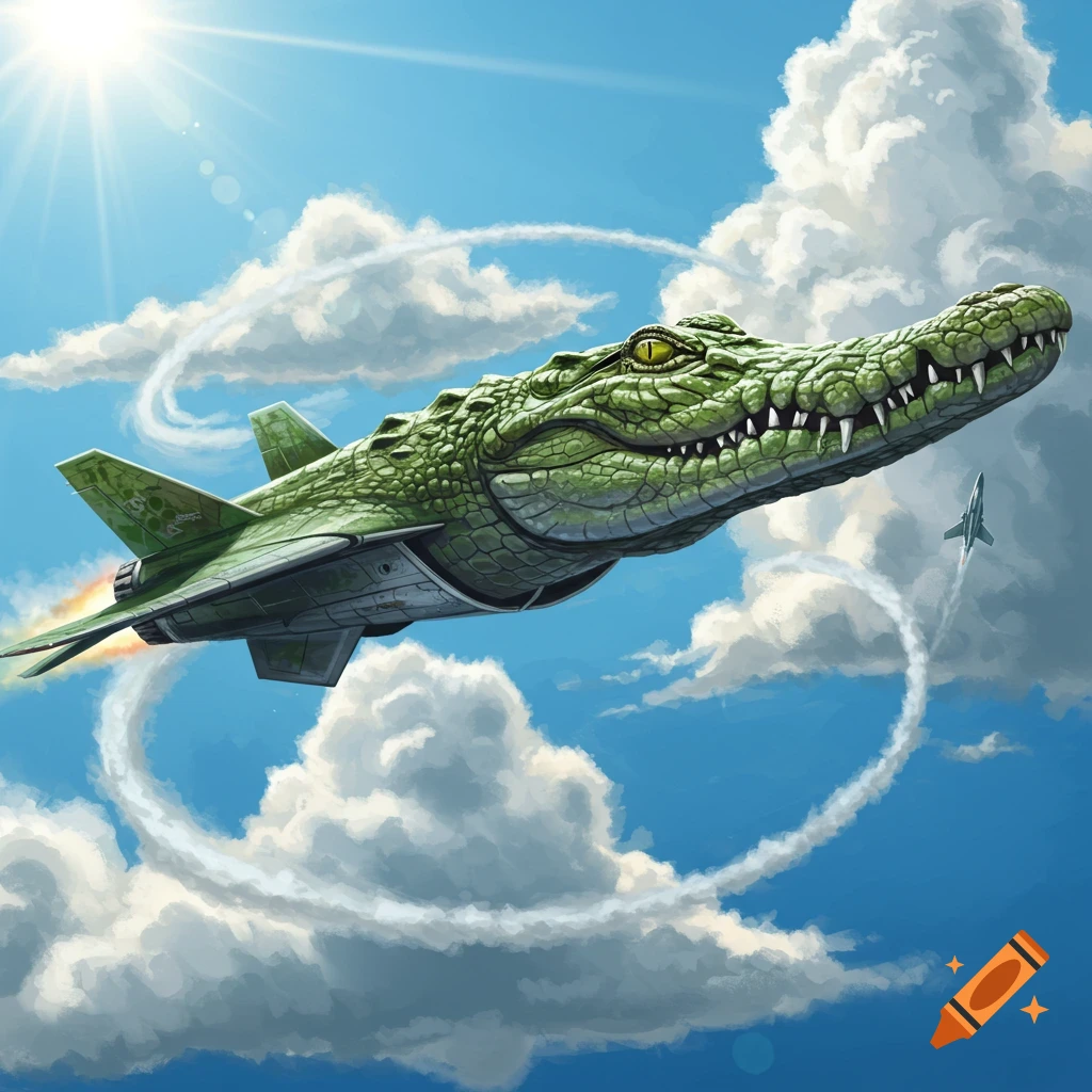 A large green crocodile head attached to a jet plane flies through a bright blue sky with white clouds.