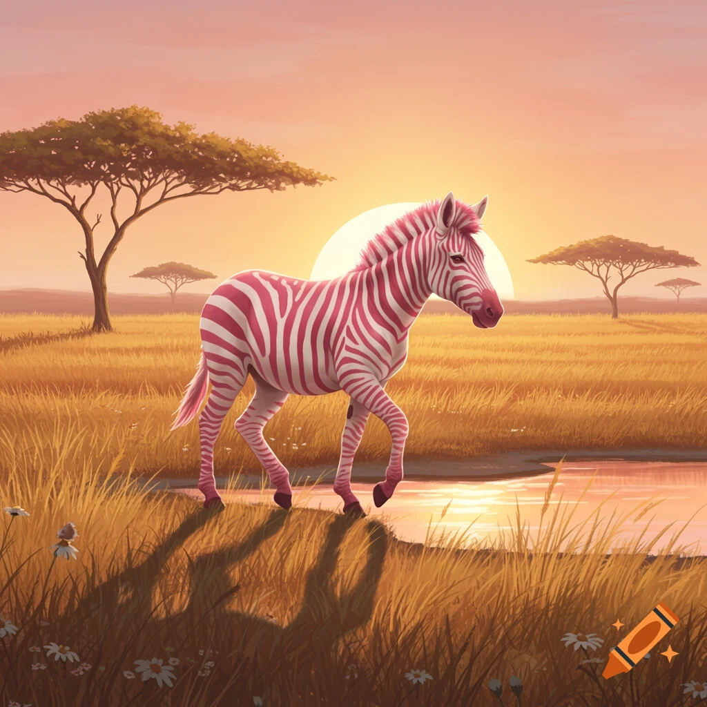 A pink zebra walks through a sunlit savanna with golden grass, trees, and water, under an orange sunset, in a vibrant illustration.