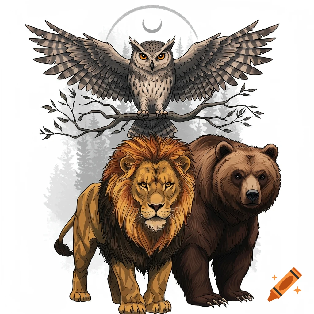A detailed illustration of an owl with spread wings on a branch, positioned above a lion and a bear, all facing forward. A crescent moon is visible above the owl.