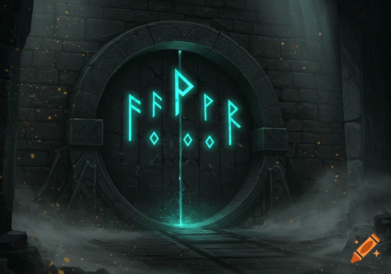 A large, dark stone door with glowing blue dwarven runes in a misty, dark environment.