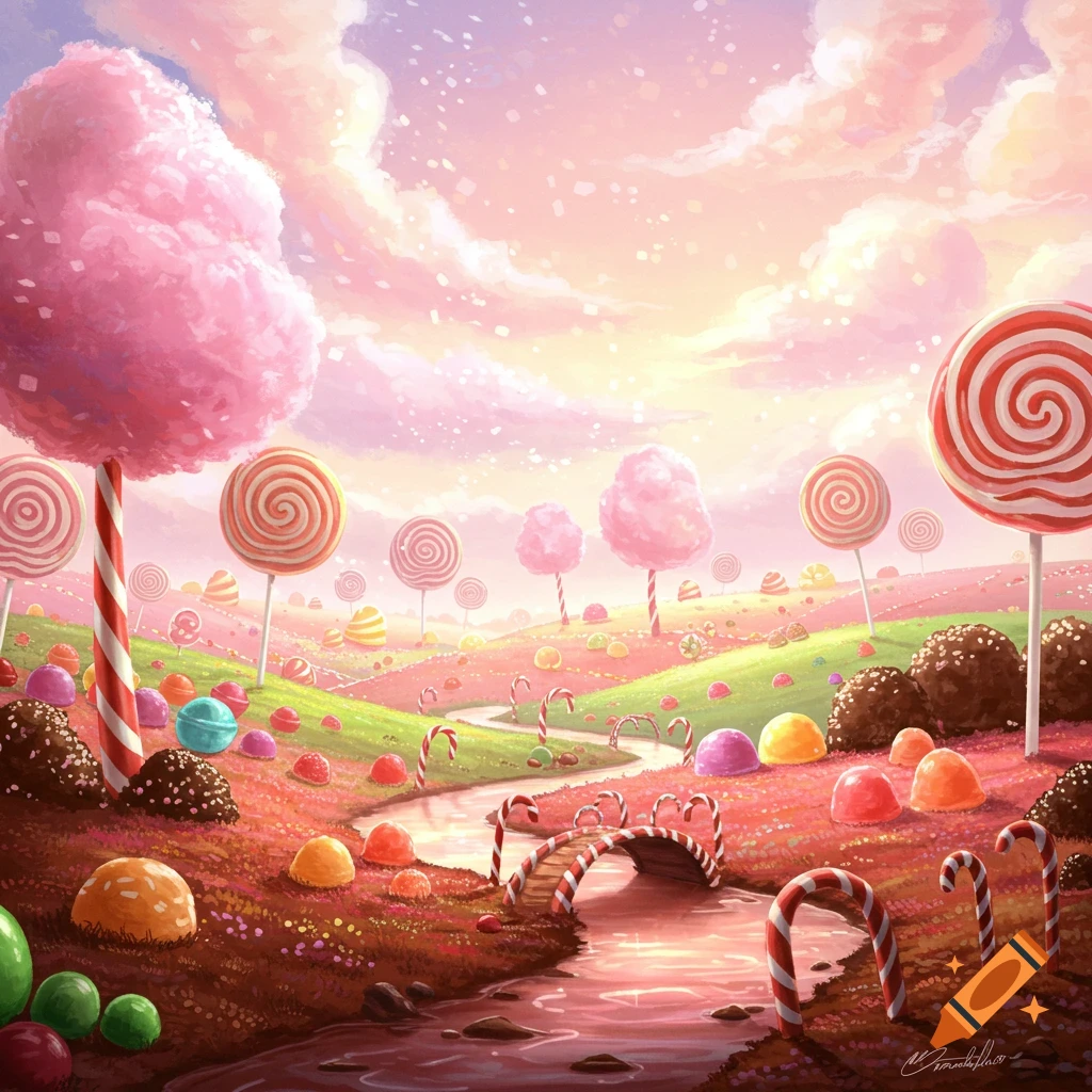 A colorful fantasy candy landscape with lollipop trees, candy cane bridges, a chocolate river, and a pink sky.