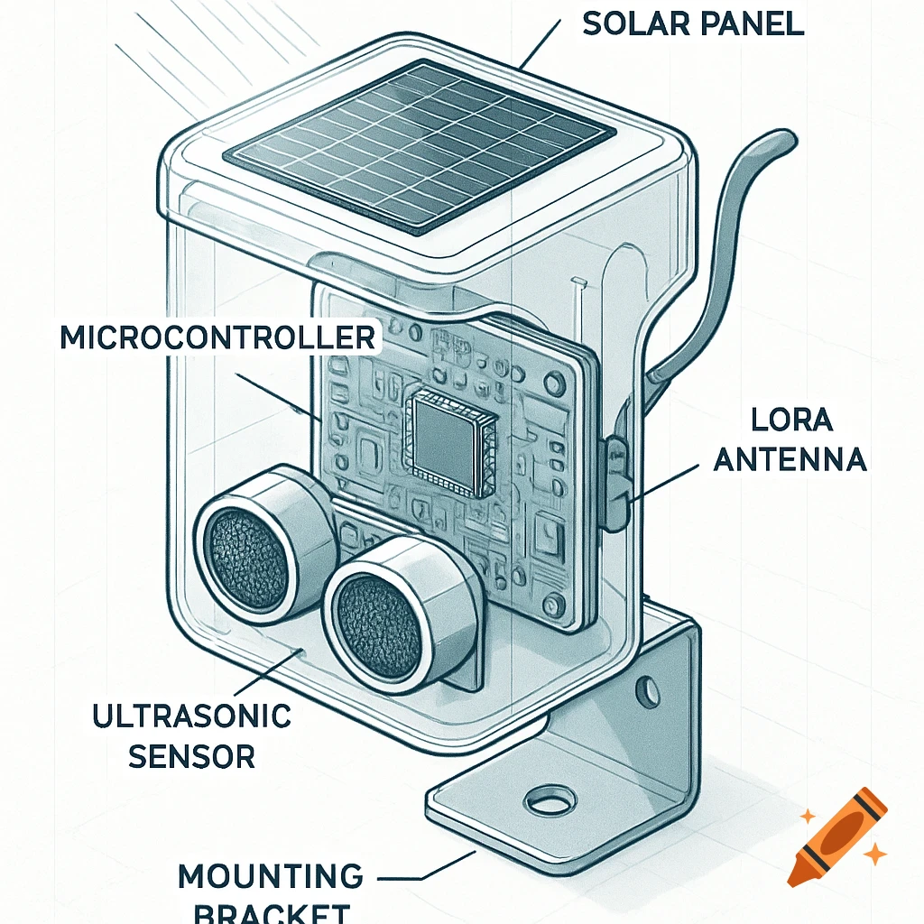 Technical schematic diagram of a solar-powered smart bin sensor with labeled components like microcontroller, ultrasonic sensor, and Lora antenna.