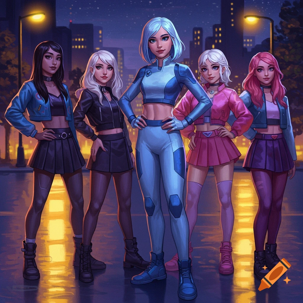 Five stylized anime teenage girls with colorful hair and outfits stand on a city street at night.