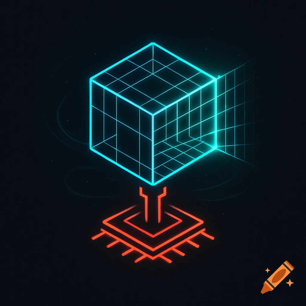 A glowing blue wireframe cube sits atop a red glowing CPU socket on a dark background, with a neon grid projecting from the cube, in a futuristic, digital style.