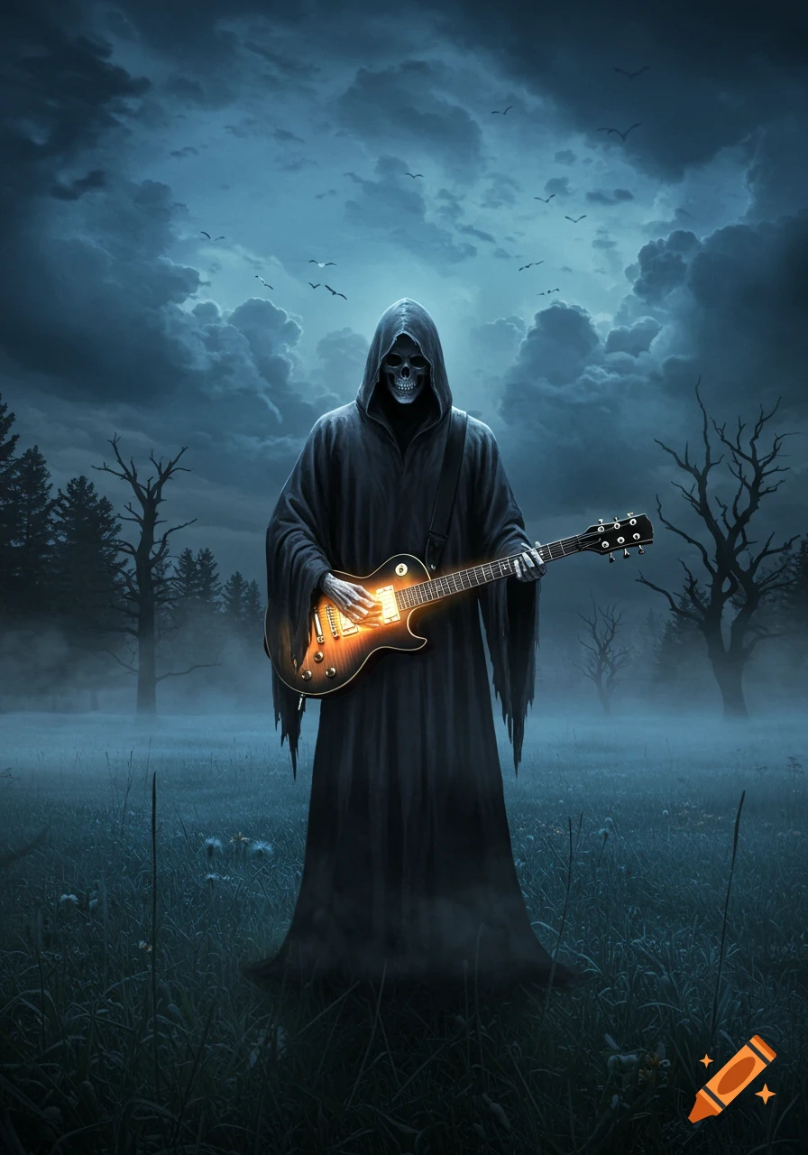 A skeletal Grim Reaper in a dark hooded cloak plays a glowing electric guitar in a foggy field under a stormy, moonlit sky.