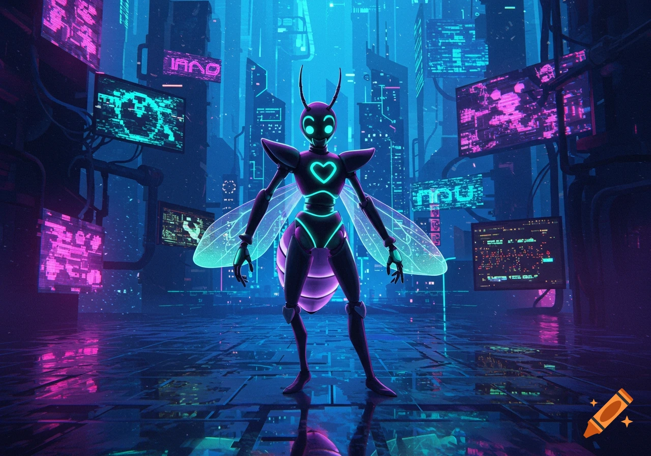 A stylized, glowing purple and teal insectoid robot with large translucent wings stands in a neon blue and pink cyberpunk city with glowing screens and buildings.